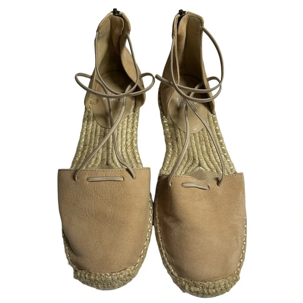 Eileen Fisher Tan Taupe Suede Leather Closed Toe Espadrilles, Size 7.5